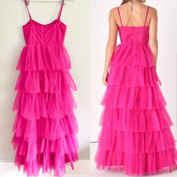Lulu’s Rule the Runway Hot Pink BarbieCore Tulle Bustier Tiered MaxiDress NWOT M - Picture 3 of 15